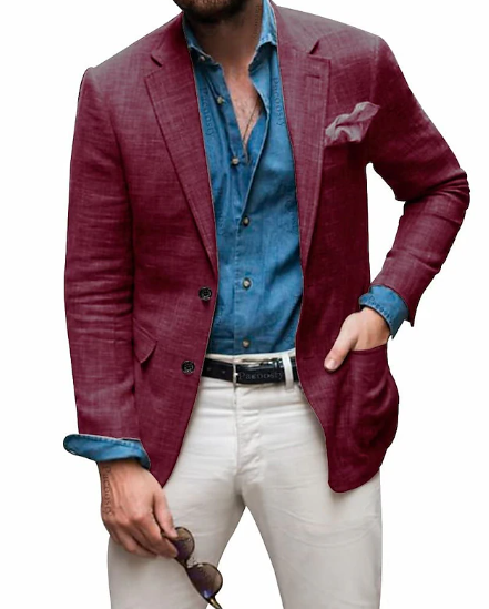 Jon - Blazer en lin pour hommes Plage Mariage Décontracté Coupe ajustée Couleur unie Simple boutonnage Deux boutons