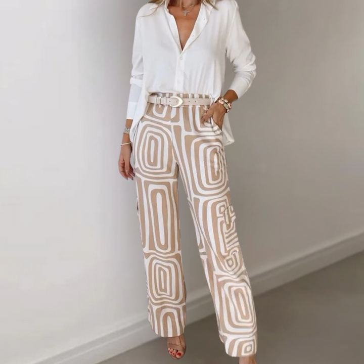 Pantalon femme avec motif rétro – Pantalon en tissu taille haute ample avec ceinture pour bureau et loisirs