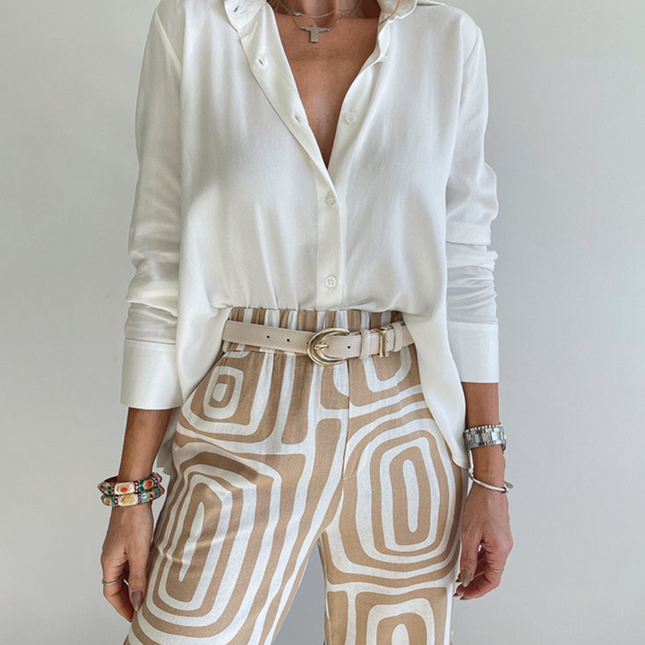 Pantalon femme avec motif rétro – Pantalon en tissu taille haute ample avec ceinture pour bureau et loisirs