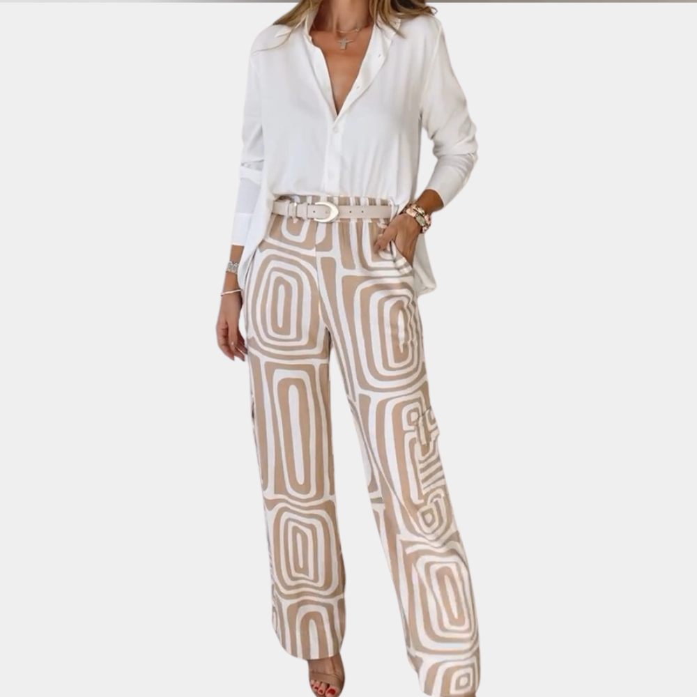 Pantalon femme avec motif rétro – Pantalon en tissu taille haute ample avec ceinture pour bureau et loisirs