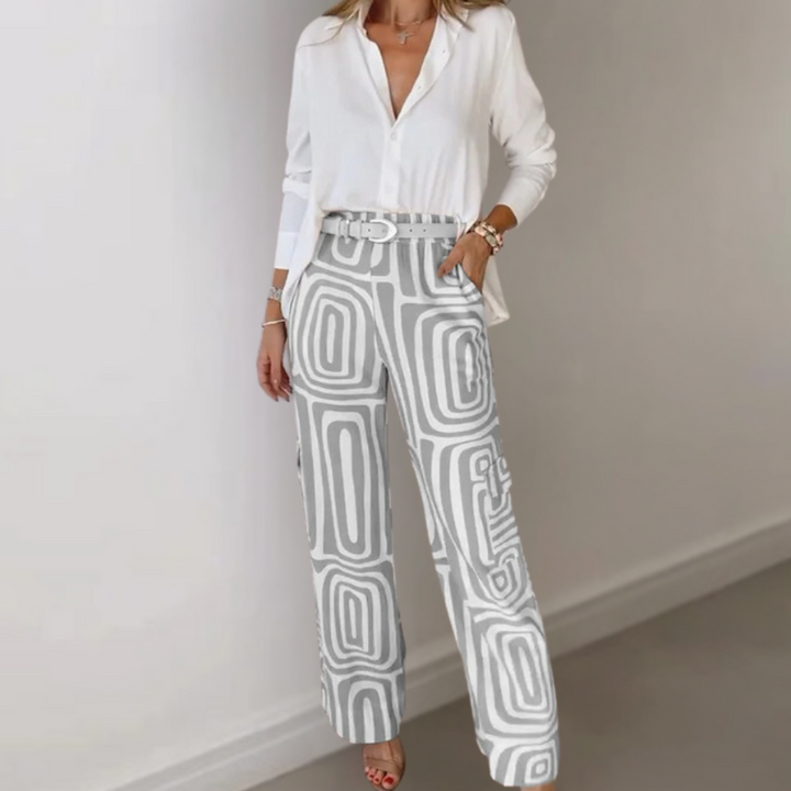 Pantalon femme avec motif rétro – Pantalon en tissu taille haute ample avec ceinture pour bureau et loisirs