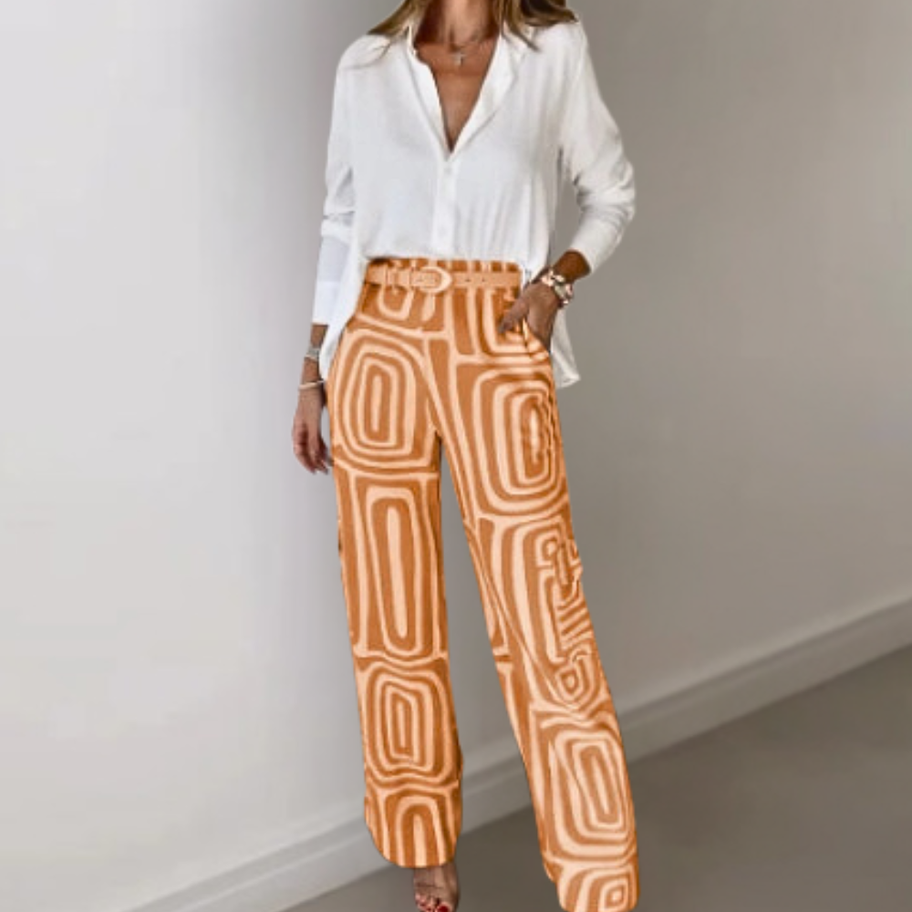 Pantalon femme avec motif rétro – Pantalon en tissu taille haute ample avec ceinture pour bureau et loisirs