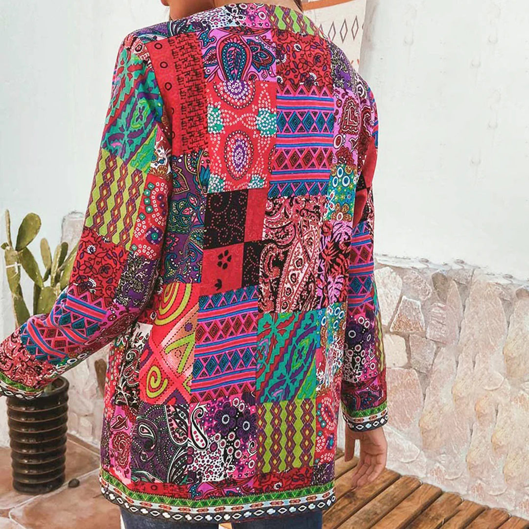 Veste femme bohème avec patchwork ethnique – Cardigan coloré à motifs style vintage