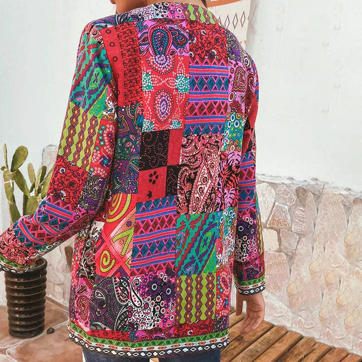 Veste femme bohème avec patchwork ethnique – Cardigan coloré à motifs style vintage