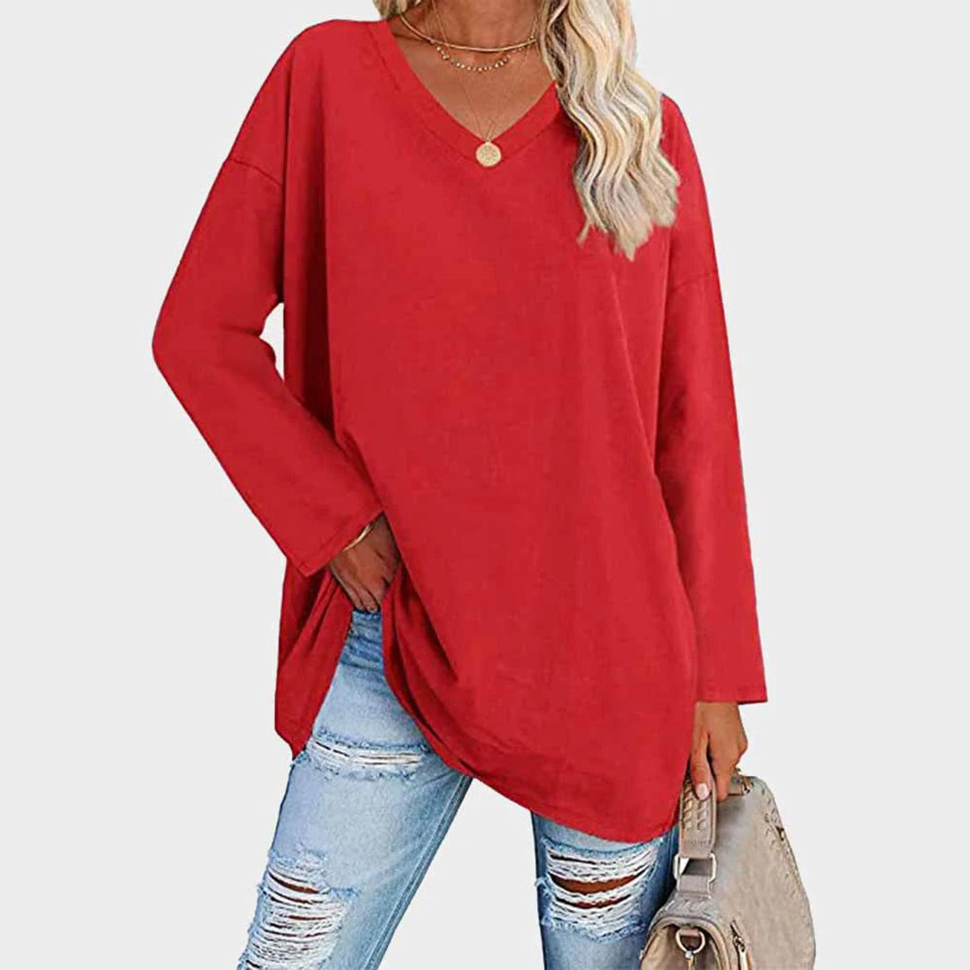 Maglia oversize da donna a manica lunga con scollo a V – Top basic casual a maniche lunghe
