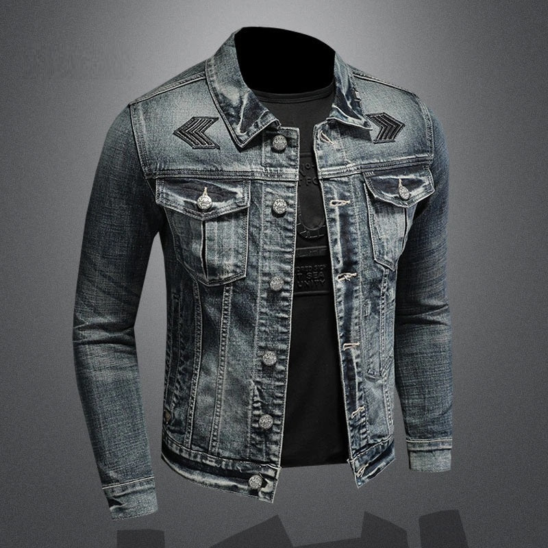 Herren Jeansjacke im Vintage Look – Stylische Denim Jacke mit Stickdetails & Knopfleiste