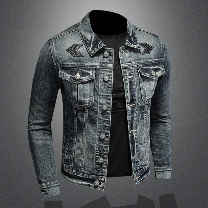 Herren Jeansjacke im Vintage Look – Stylische Denim Jacke mit Stickdetails & Knopfleiste