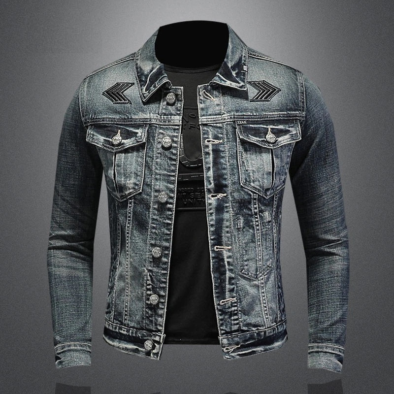 Herren Jeansjacke im Vintage Look – Stylische Denim Jacke mit Stickdetails & Knopfleiste