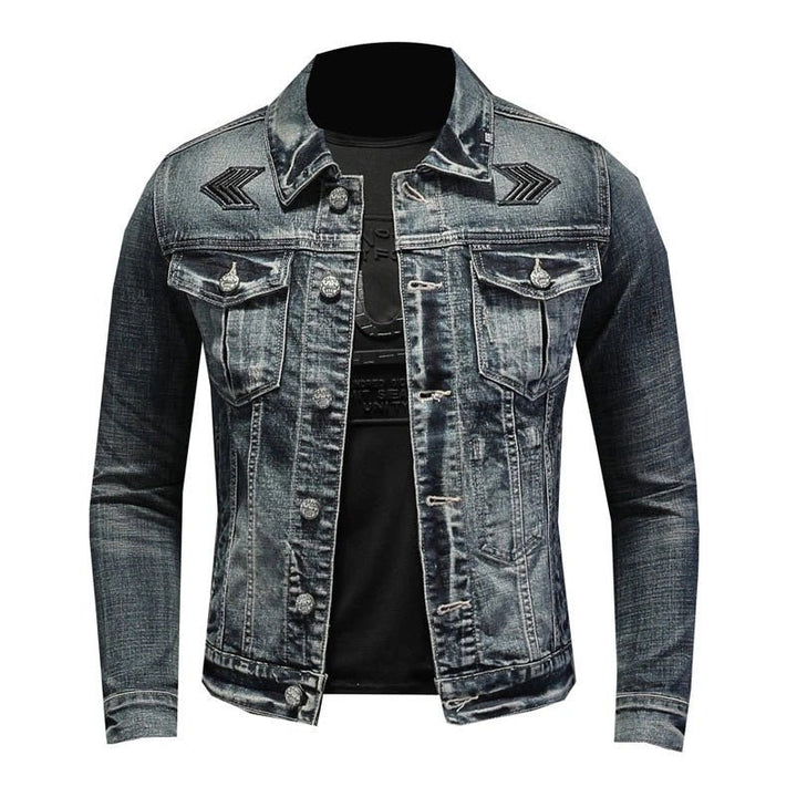 Herren Jeansjacke im Vintage Look – Stylische Denim Jacke mit Stickdetails & Knopfleiste