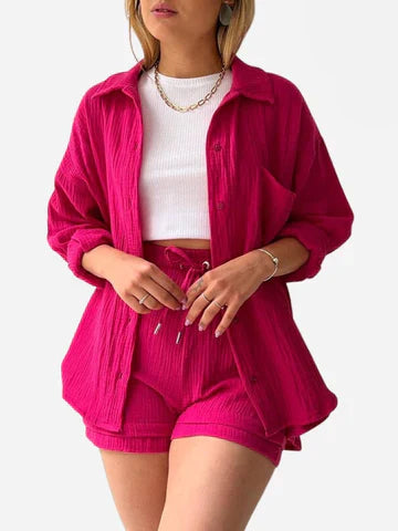 Ensemble lounge deux pièces pour femmes en mousseline – chemise oversize et short avec cordon de serrage