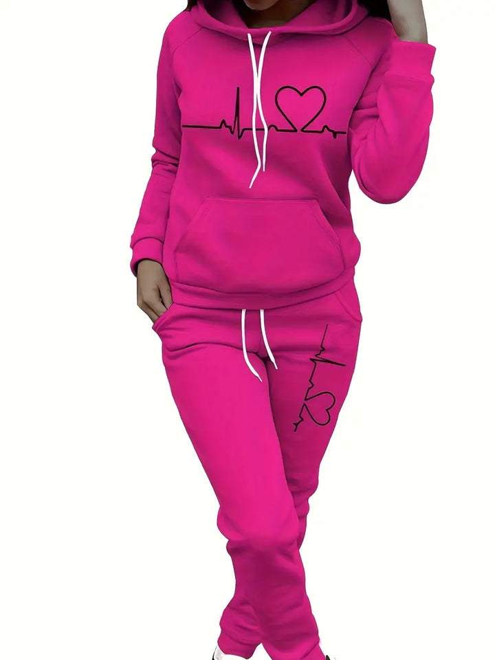 Ensemble deux pièces avec impression cœur, poche kangourou, sweat à capuche et pantalon avec cordon de serrage