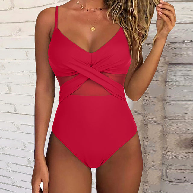 Costume da bagno donna con mesh e effetto incrociato – modellante, sexy e confortevole per spiaggia e piscina