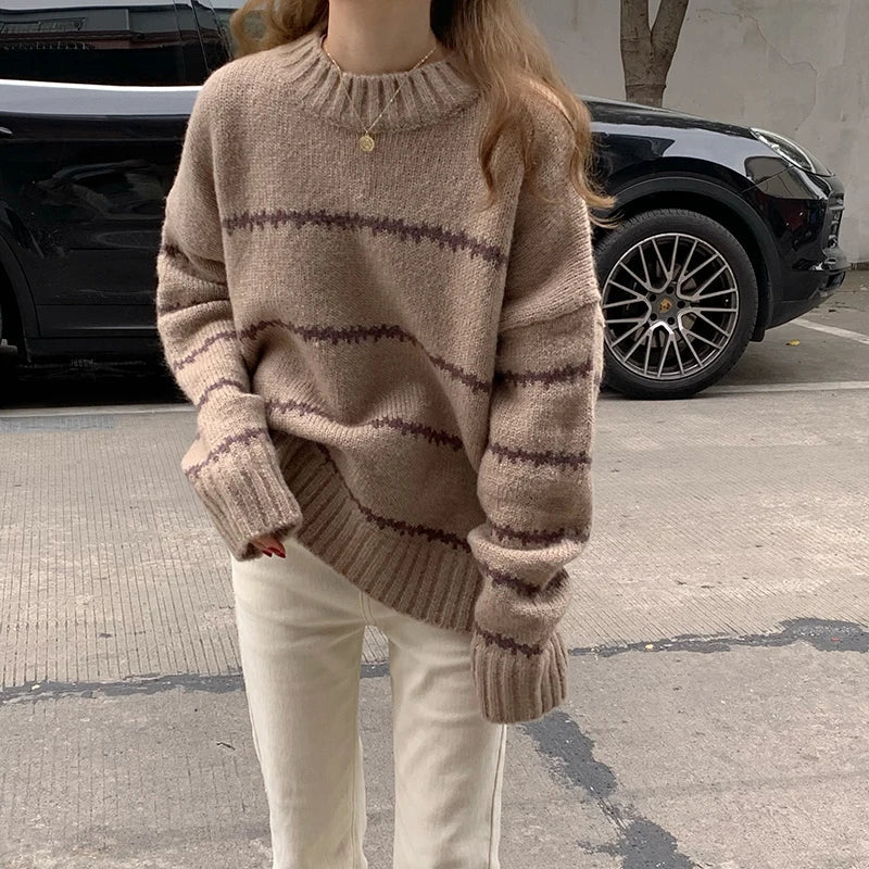 Pull-over en maille oversize pour femmes – Pull confortable à col rond avec motif à rayures
