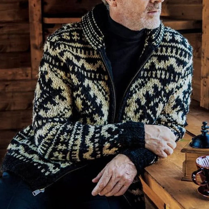 Gilet en tricot pour homme avec motif ethnique – Cardigan chaud avec fermeture éclair et design rétro