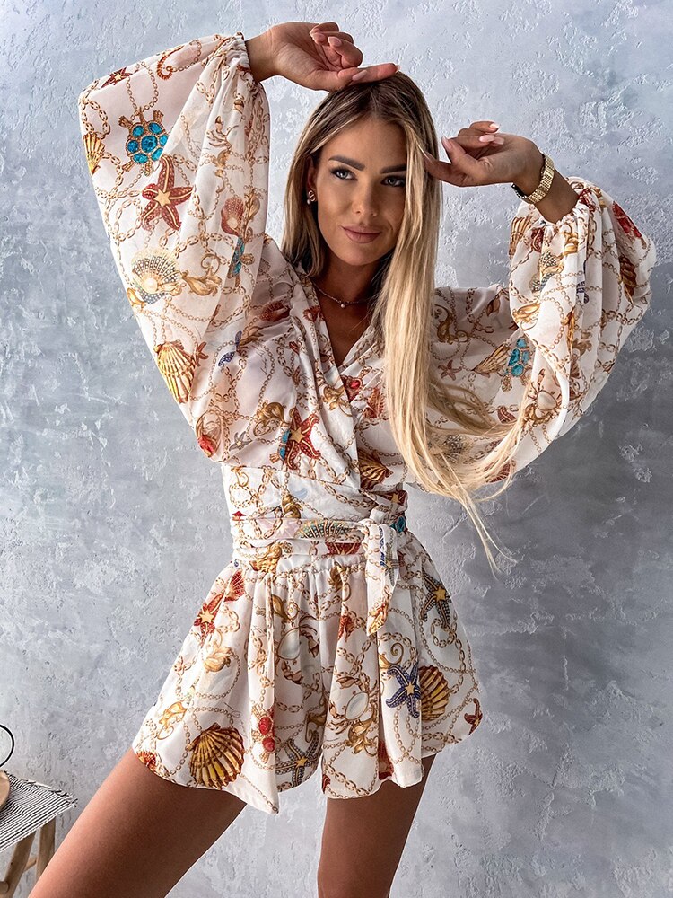 Leichter Sommer-Strandanzug mit langärmligem V-Ausschnitt und verspieltem Print – Perfekt für Strand & Urlaub