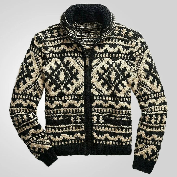 Gilet en tricot pour homme avec motif ethnique – Cardigan chaud avec fermeture éclair et design rétro