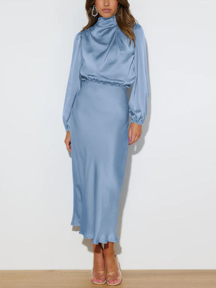 Elegante abito midi in satin con collo alto – abito da festa con maniche lunghe