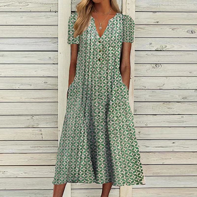 Robe Midi Mosaïque Azure – Motif en Mosaïque, Encolure en V, Coupe Aérienne