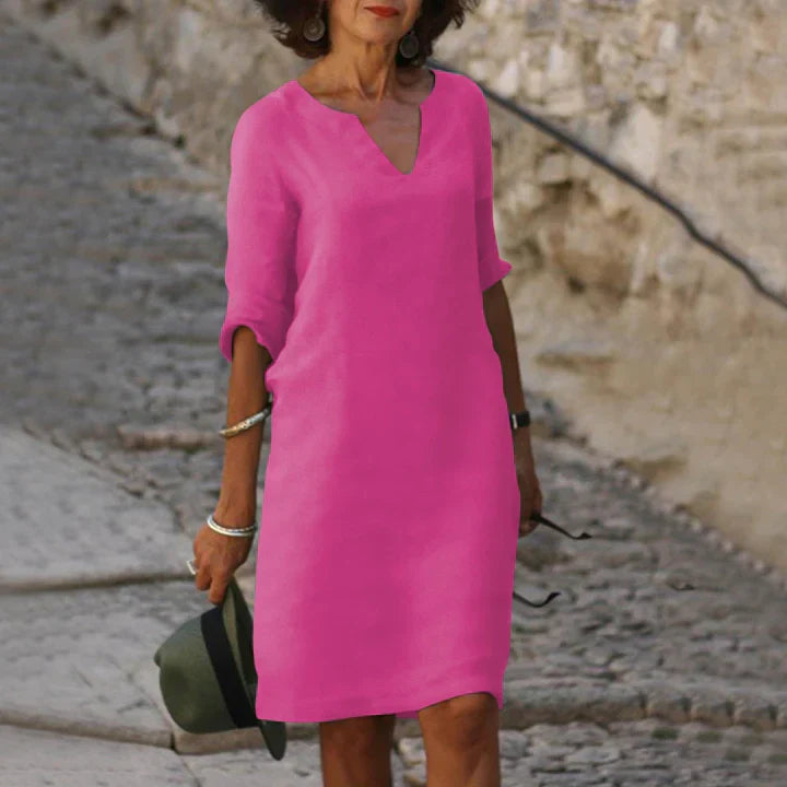 Leichtes Damen Sommerkleid mit V-Ausschnitt – Lockeres Midikleid mit 3/4 Ärmeln für Urlaub, Alltag & Reisen