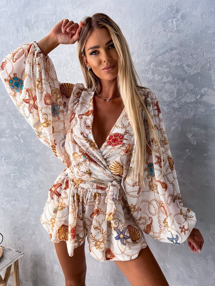 Leichter Sommer-Strandanzug mit langärmligem V-Ausschnitt und verspieltem Print – Perfekt für Strand & Urlaub