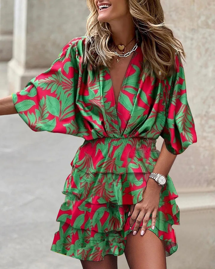 Vestito con volant da donna – vestito corto con scollo a V, maniche a pipistrello e vita elastica in stile boho estivo