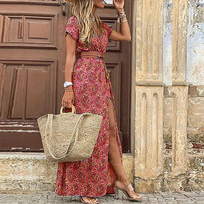 Boho Maxikleid mit V-Ausschnitt und Blumenmuster – Luftiges Sommerkleid für Damen mit Gürtel-Detail