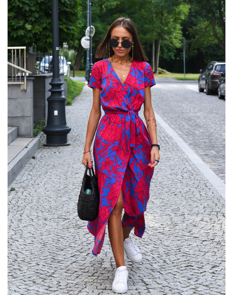 Maxikleid Damen – Florales Sommerkleid mit Gürtel & Kurzarm für Alltag & Urlaub