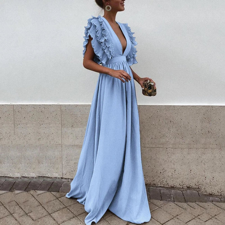 Elegante vestito lungo da donna con maniche a volant e scollo a V profondo – abito estivo lungo fino a terra per sera e matrimonio