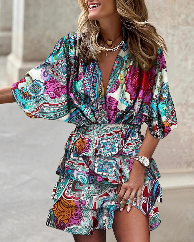 Vestito con volant da donna – vestito corto con scollo a V, maniche a pipistrello e vita elastica in stile boho estivo