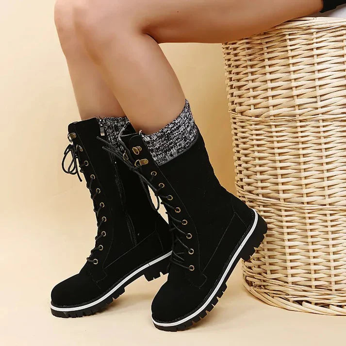 Bottes d'hiver doublées pour femmes avec lacets et fermeture éclair – Bottines chaudes avec bord en tricot et semelle profilée