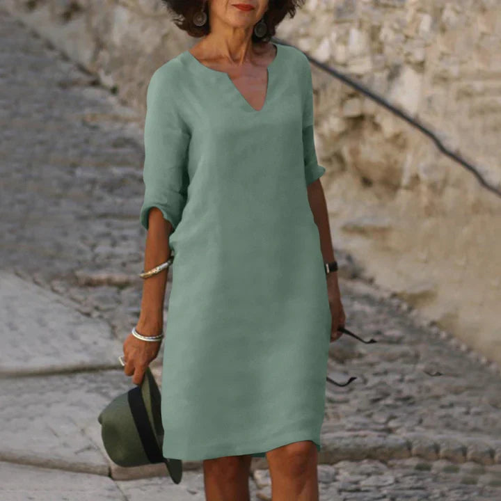 Leichtes Damen Sommerkleid mit V-Ausschnitt – Lockeres Midikleid mit 3/4 Ärmeln für Urlaub, Alltag & Reisen