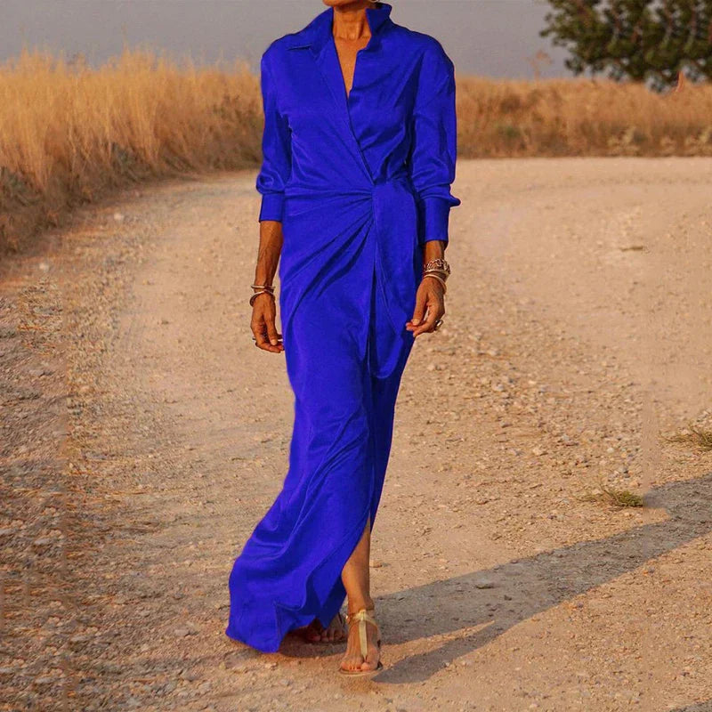 Elegante abito avvolgente da donna – Abito lungo in satin con colletto e spacco, ideale per sera, eventi e estate