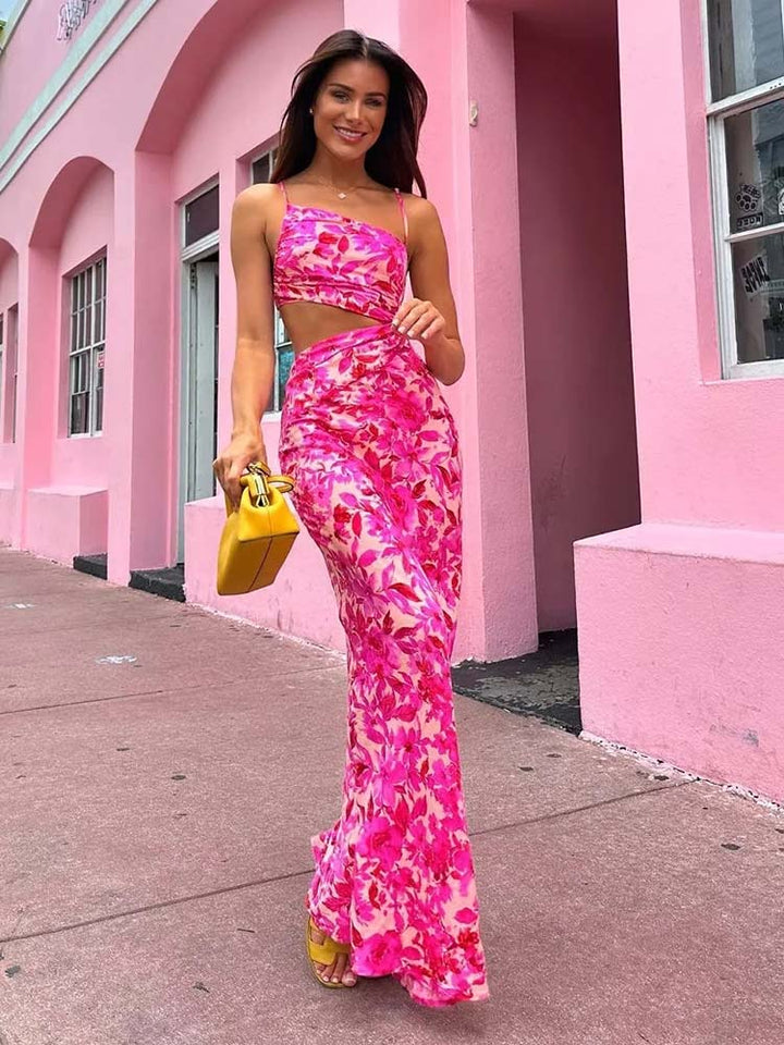 Abito lungo con stampa floreale rosa