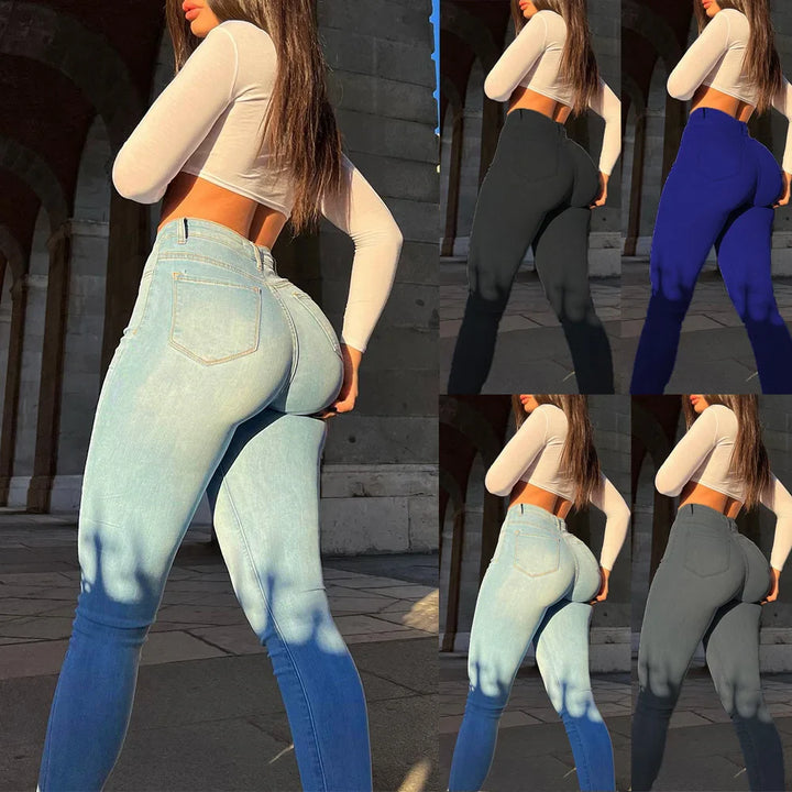Jeans skinny taille haute pour femmes – Jeans stretch moulants en bleu clair