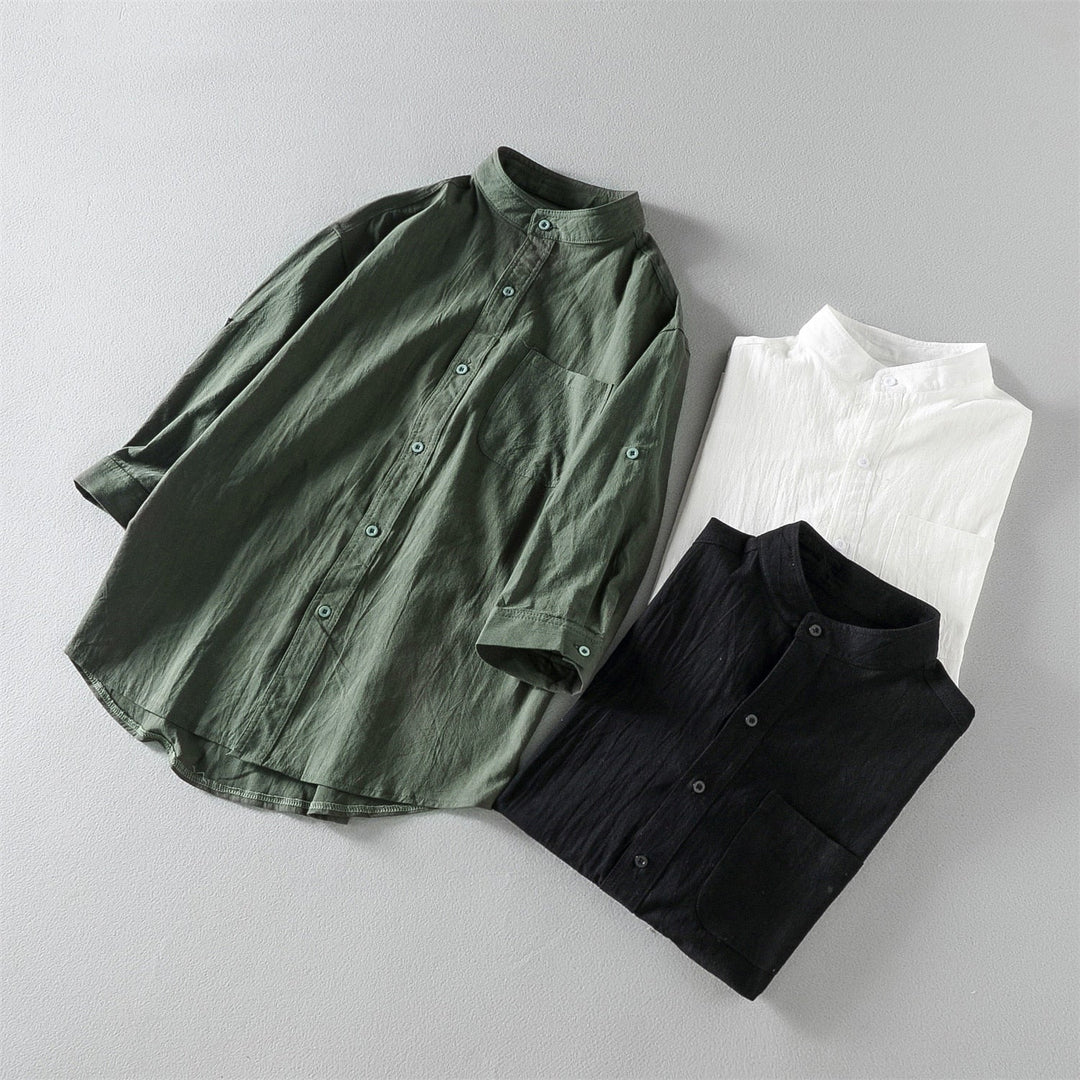 Camicia estiva in lino con colletto alla coreana stile Old Money per uomo