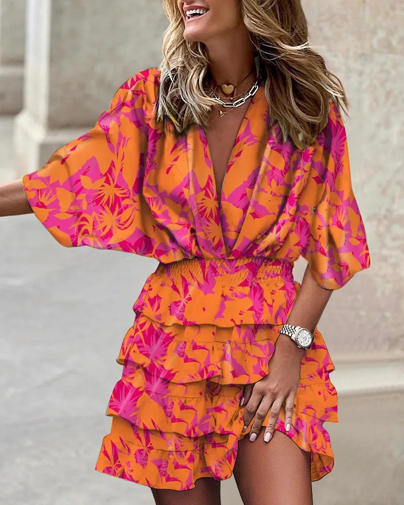 Vestito con volant da donna – vestito corto con scollo a V, maniche a pipistrello e vita elastica in stile boho estivo