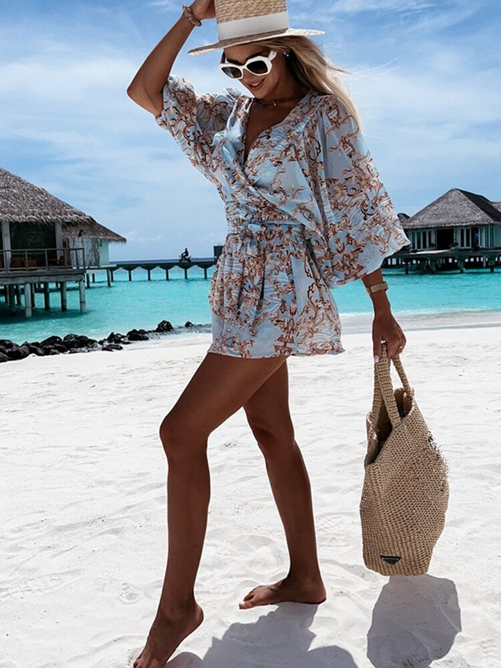 Leichter Sommer-Strandanzug mit langärmligem V-Ausschnitt und verspieltem Print – Perfekt für Strand & Urlaub