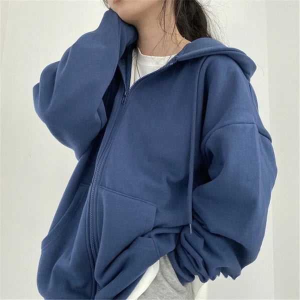 Veste de baseball surdimensionnée solide avec capuche et fermeture à glissière longue et ample