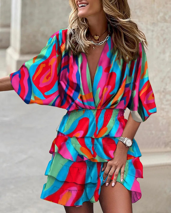 Vestito con volant da donna – vestito corto con scollo a V, maniche a pipistrello e vita elastica in stile boho estivo