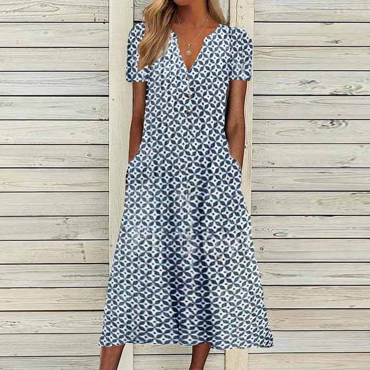 Robe Midi Mosaïque Azure – Motif en Mosaïque, Encolure en V, Coupe Aérienne