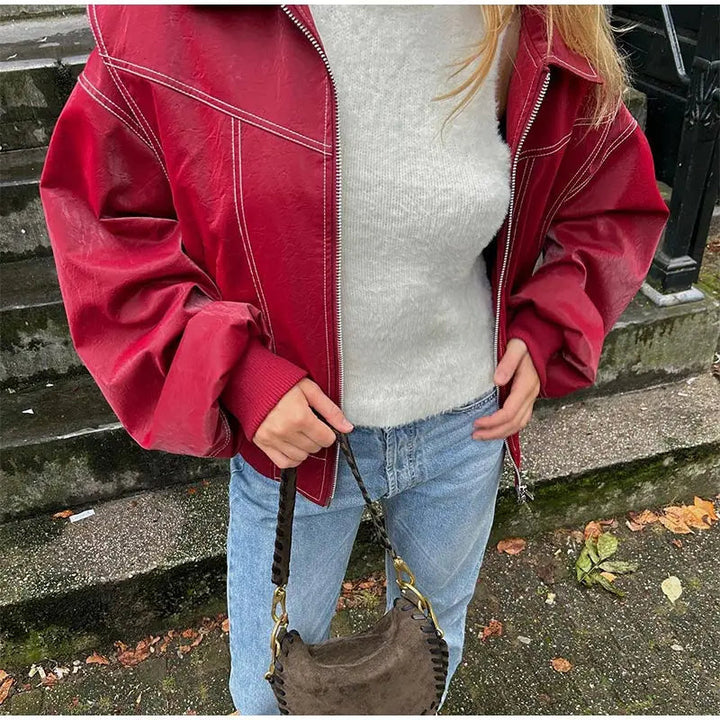 Lässige Vintage Übergroße Lederjacke für Damen | Perfekt für Lässige Tage