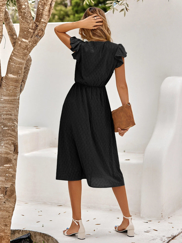 Abito estivo da donna nero – abito midi con maniche a volant, scollo a V e coulisse in vita per tutti i giorni e vacanze