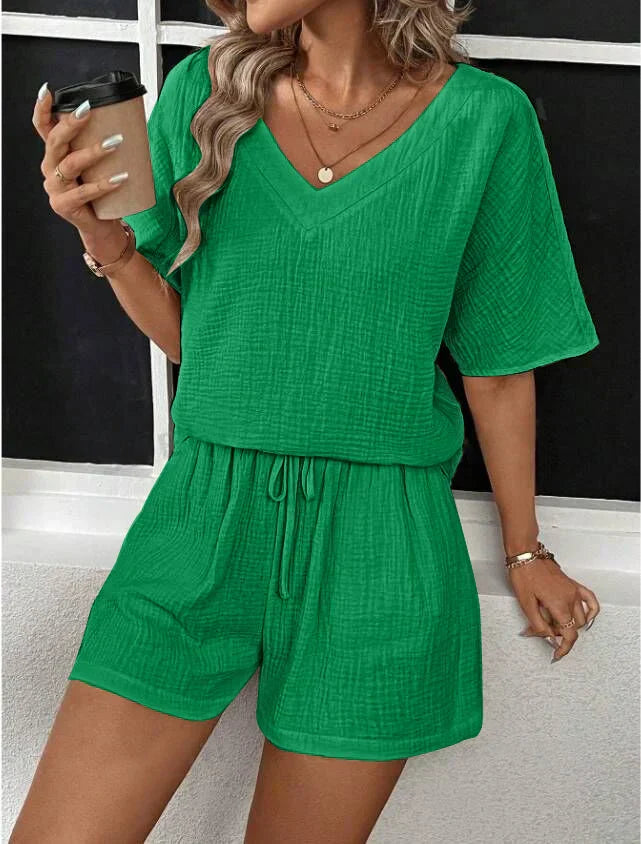 Set estivo da donna in due pezzi in mussola – maglietta con scollo a V e pantaloncini con coulisse per tempo libero e vacanze