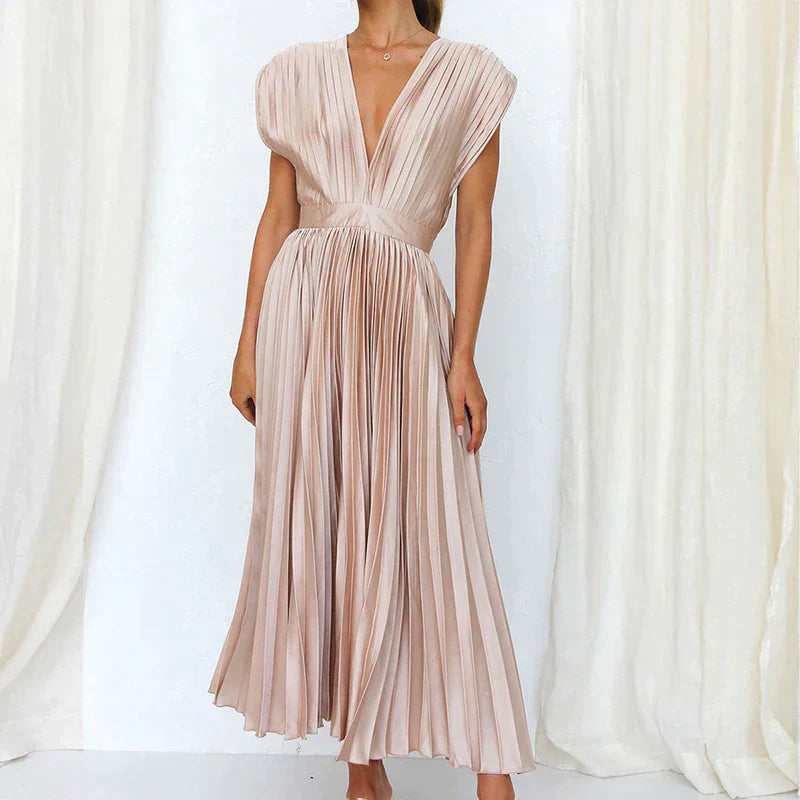 Abito midi plissettato con scollo a V profondo e maniche a volant – Look elegante per matrimonio, festa e estate
