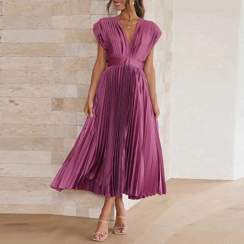 Abito midi plissettato con scollo a V profondo e maniche a volant – Look elegante per matrimonio, festa e estate