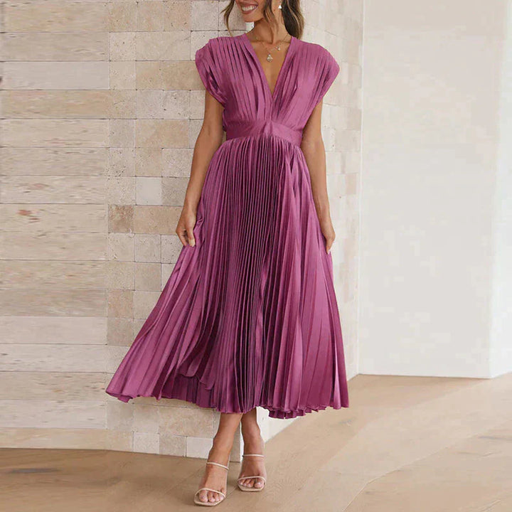 Abito midi plissettato con scollo a V profondo e maniche a volant – Look elegante per matrimonio, festa e estate
