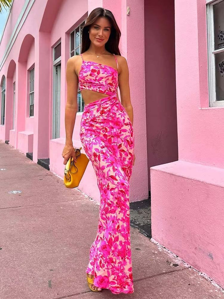 Abito lungo con stampa floreale rosa