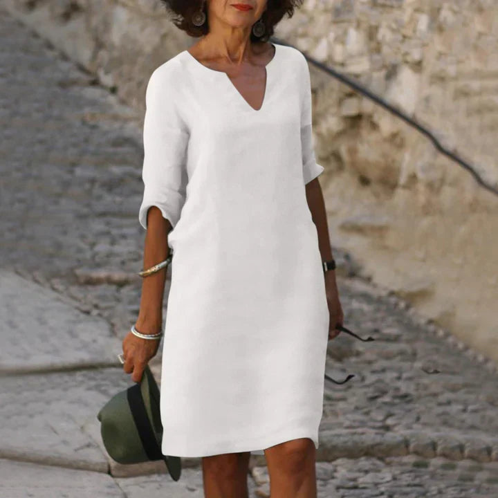 Leichtes Damen Sommerkleid mit V-Ausschnitt – Lockeres Midikleid mit 3/4 Ärmeln für Urlaub, Alltag & Reisen