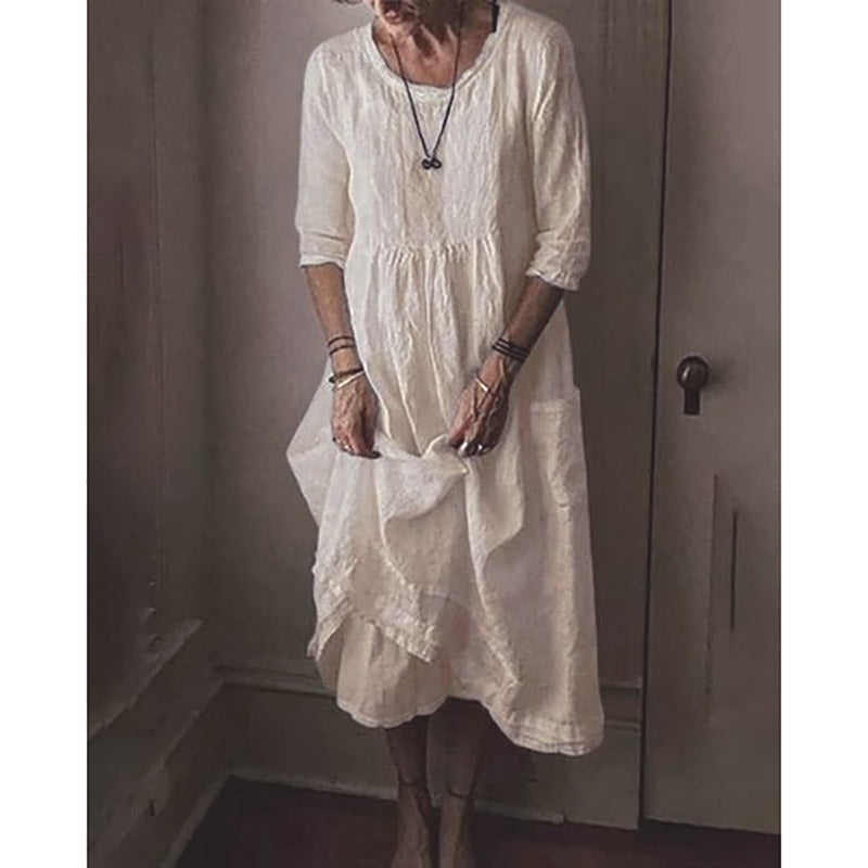 Boho Vintage Leinenkleid für Damen mit 3/4-Ärmeln – Lockeres Midikleid im Cottagecore Stil