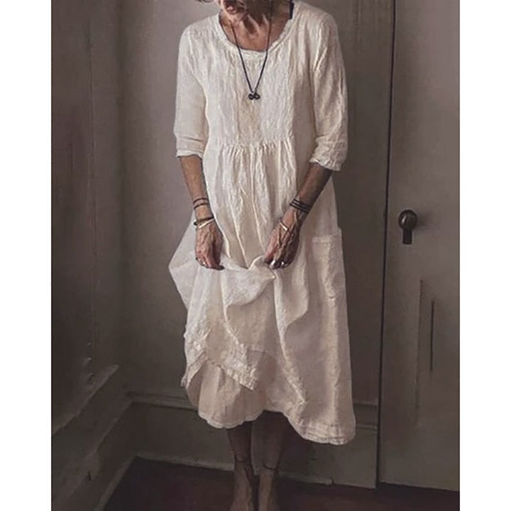 Boho Vintage Leinenkleid für Damen mit 3/4-Ärmeln – Lockeres Midikleid im Cottagecore Stil